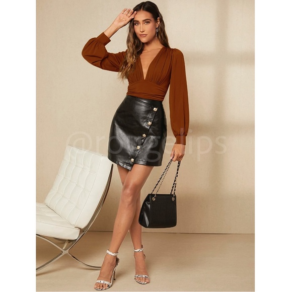 Rusty Brown Elegant V neck Bodysuit Long Bishop Sleeves Stretchy Ruched Waist - Picture 5 of 8